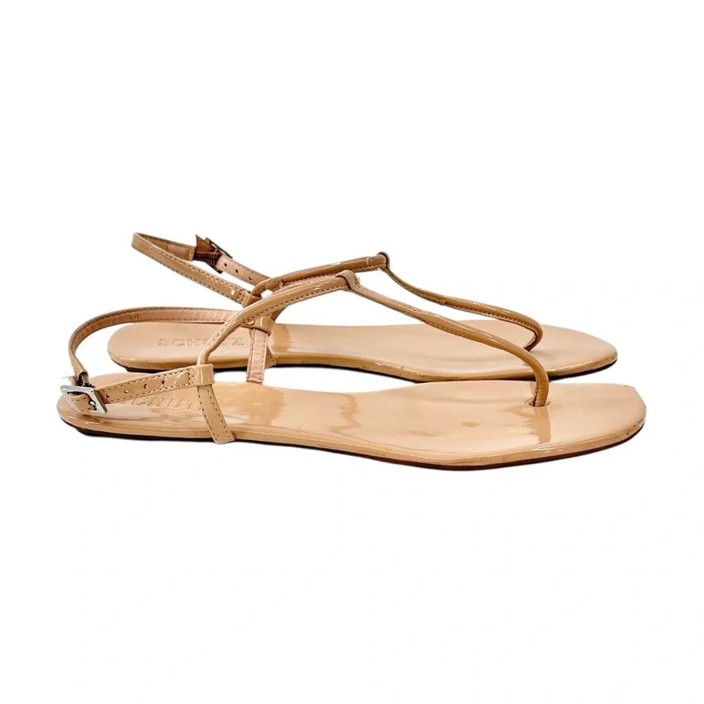 SCHUTZ Elsha Nude Beige Blush Pink Glossy Leather Round Toe Flat Sandals Flats